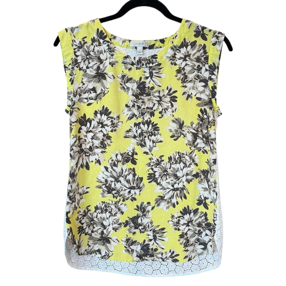 Sz 2 J. Crew Silk Front Yellow Floral Print Daisy Eyelet Back Sleeveless Top